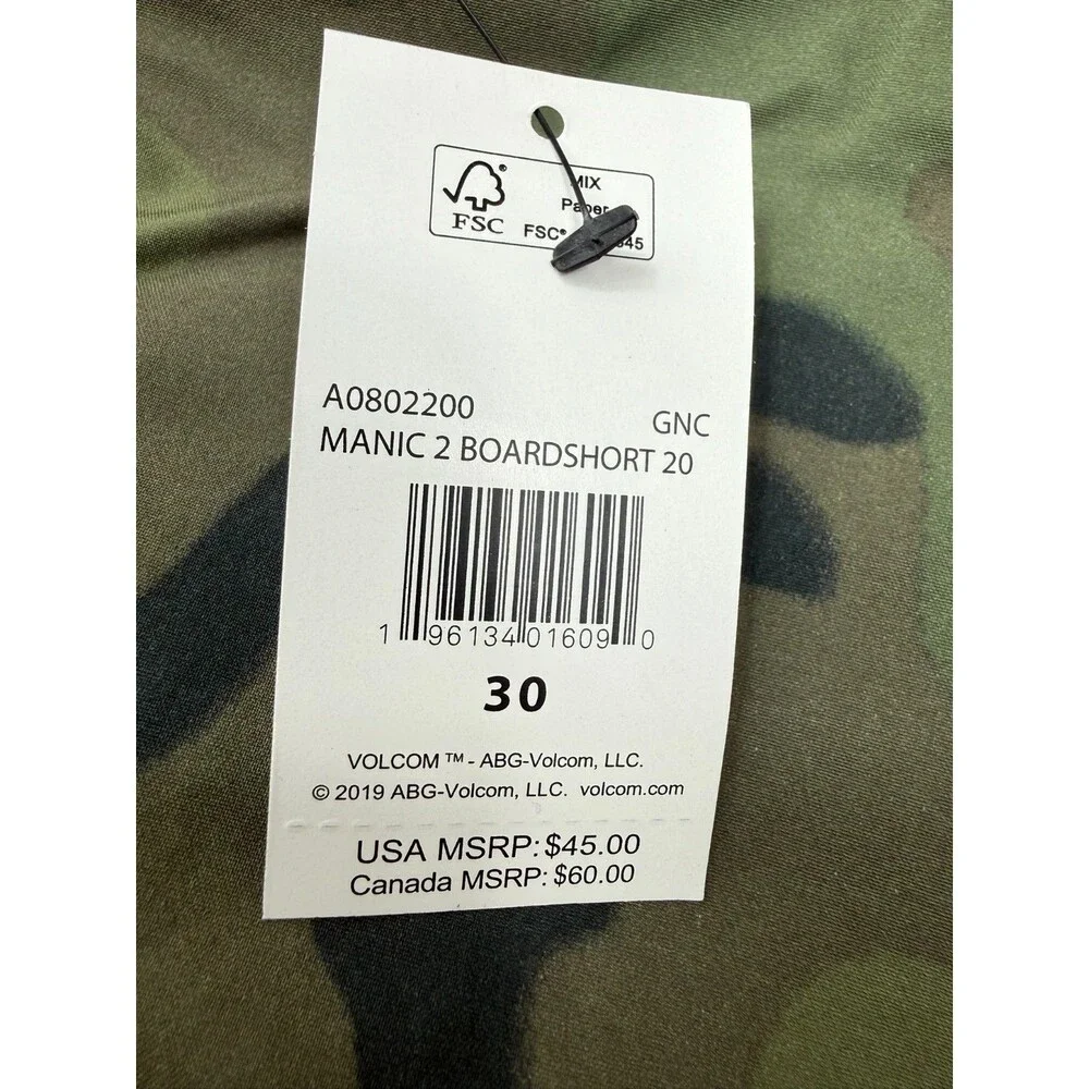 Volcom Manic 2 Boardshorts 20 Mens Size 30 Green Camoflauge Pockets Drawstring